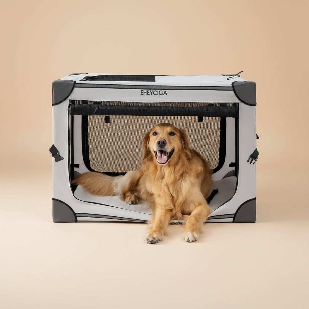 Dog inside a portable pet pen on a beige background