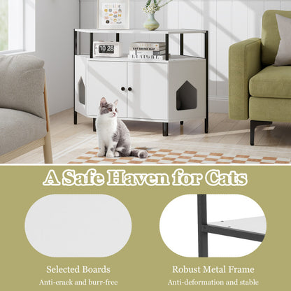 Corner Cat Litter Box Enclosure with Open Shelf 2 Entrances and Metal Legs