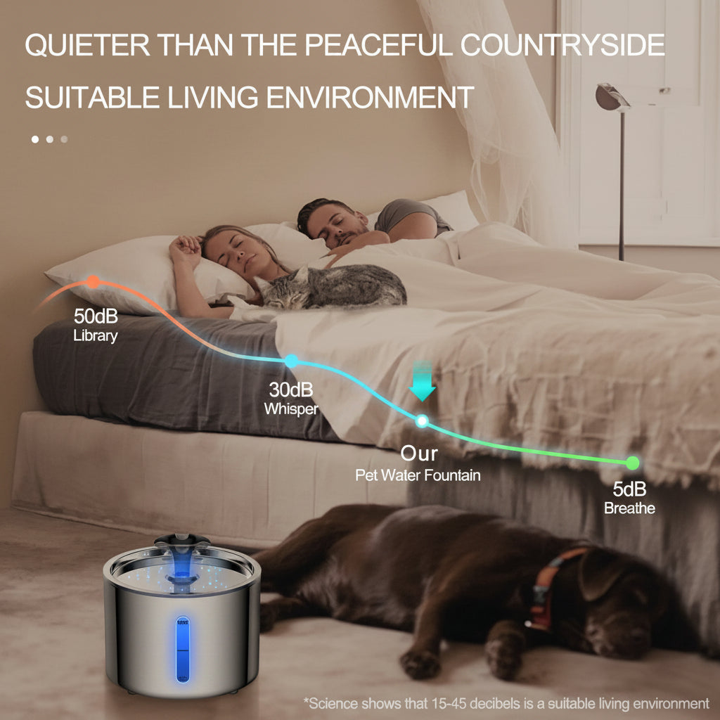 Pet water fountain with decibel level display in a bedroom setting, showing a peaceful environment.