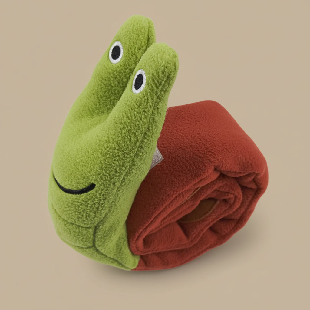 Green plush toy with a face and a red blanket on a white background