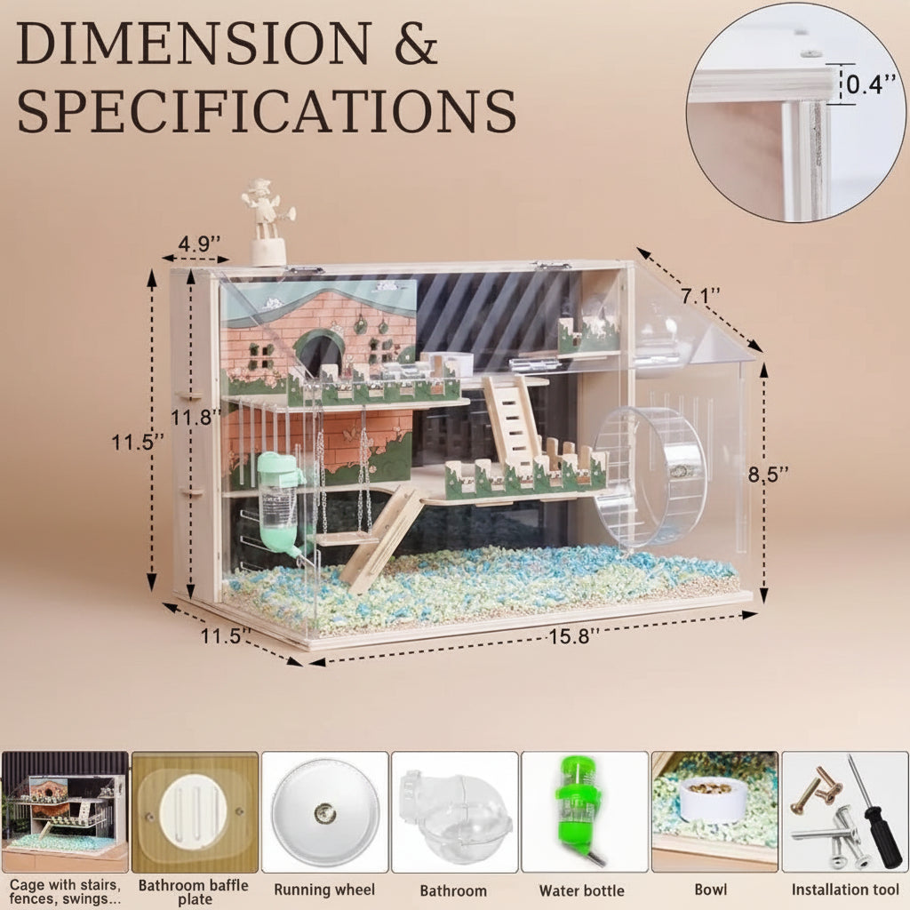 Pet cage with dimensions and specifications displayed