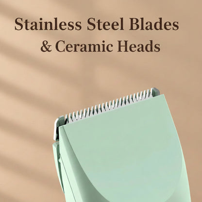 Hair trimmer with sharp stainless steel ceramic cutter head on a light brown background