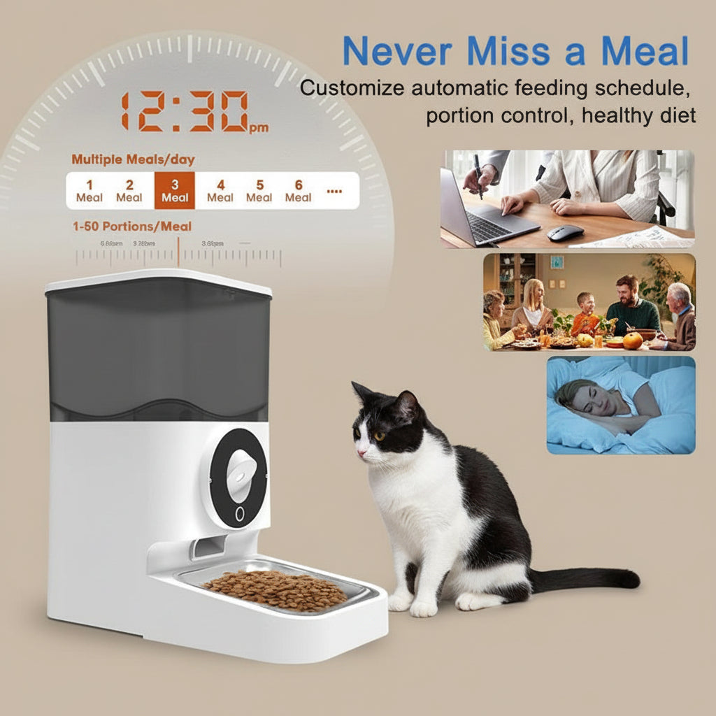 Pet food dispenser with digital clock and meal timer, cat sitting next to it, family at dinner table, and person working on laptop.