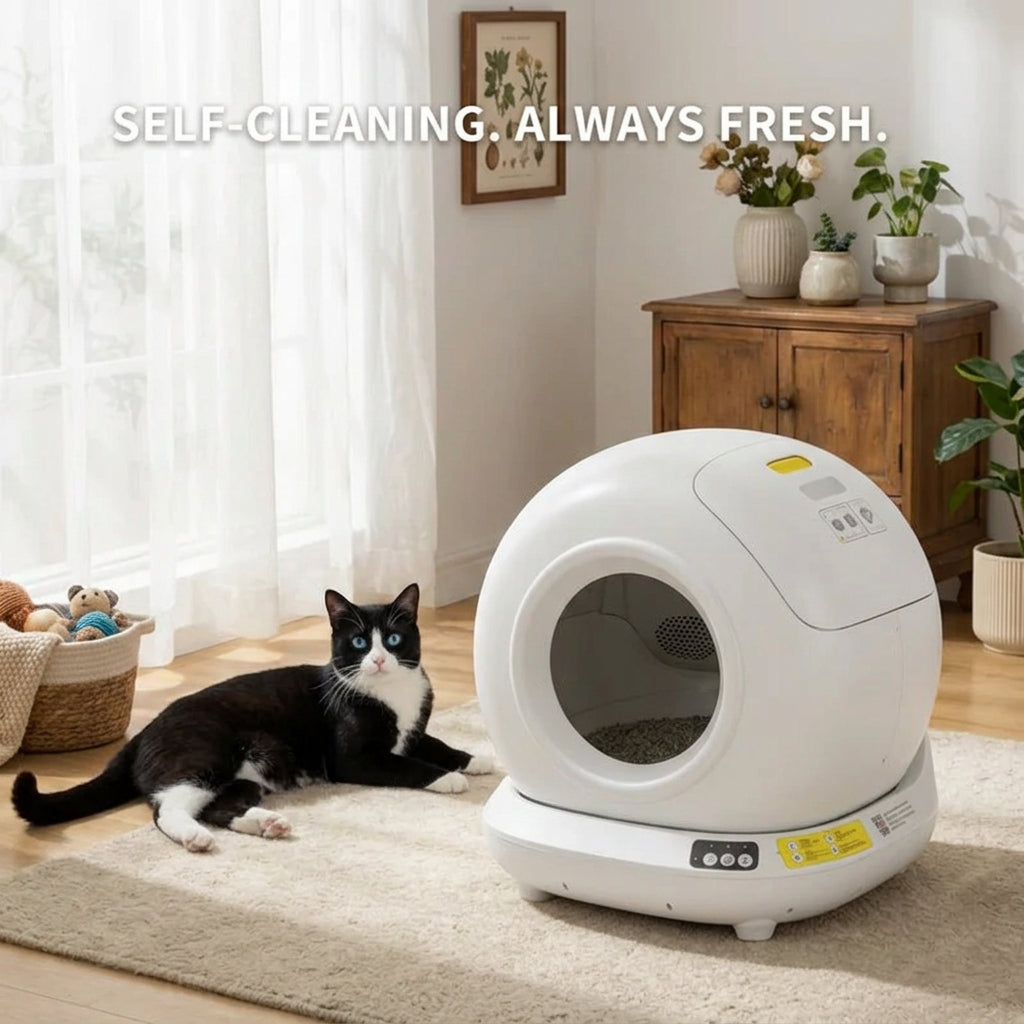 Cat next to a self-cleaning pet litter box with text 'Self-Cleaning. Always Fresh.'