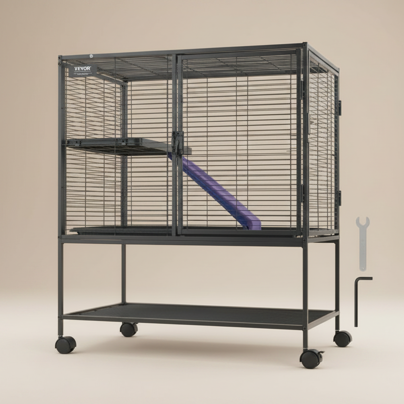 Pet cage with a platform and ramp inside, on a beige background