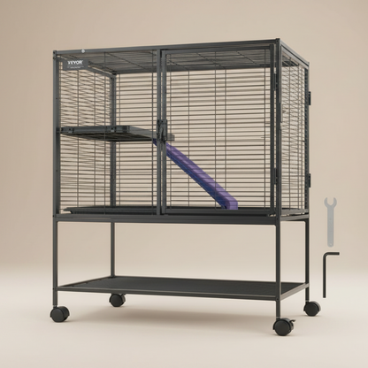 Pet cage with a platform and ramp inside, on a beige background