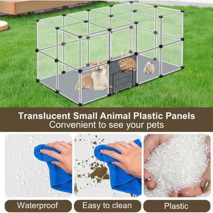 Pet playpen with small animals inside on grass, featuring translucent panels and cleaning tools.