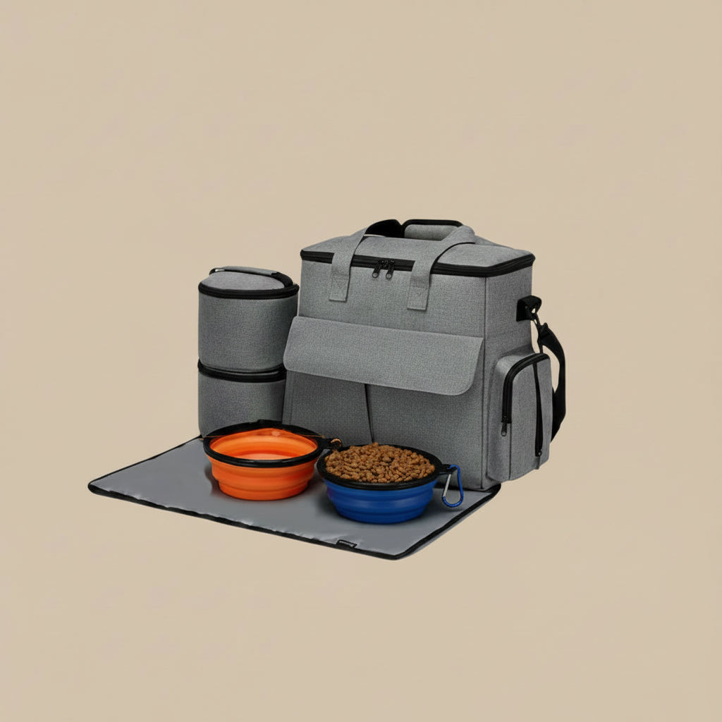 Pet travel bag with a dog and cat, food bowls, and a blue background.