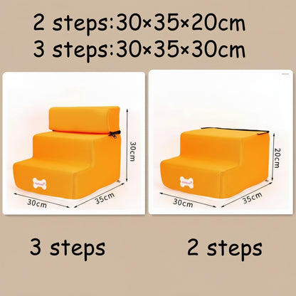 Orange pet steps with dimensions labeled on a white background