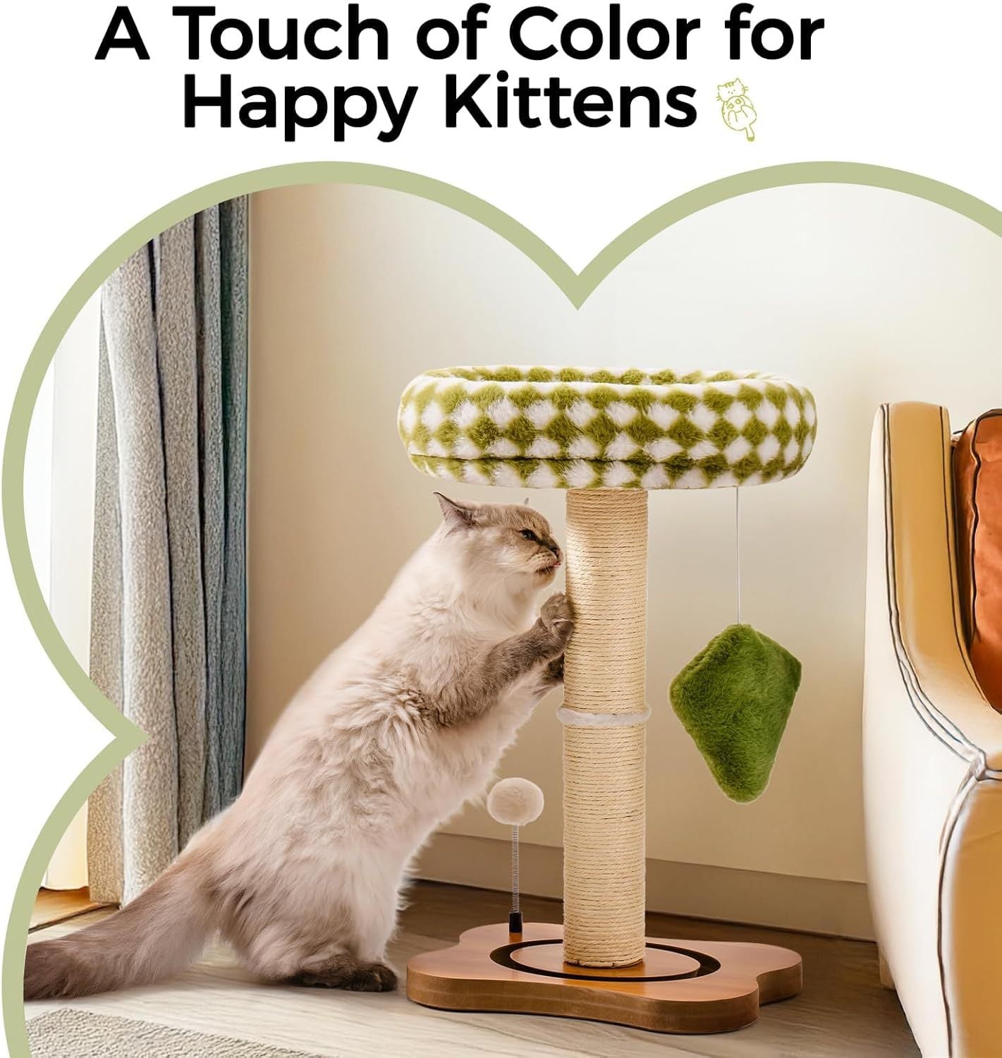Cat playing with a green toy on a cat tree with text 'A Touch of Color for Happy Kittens'.