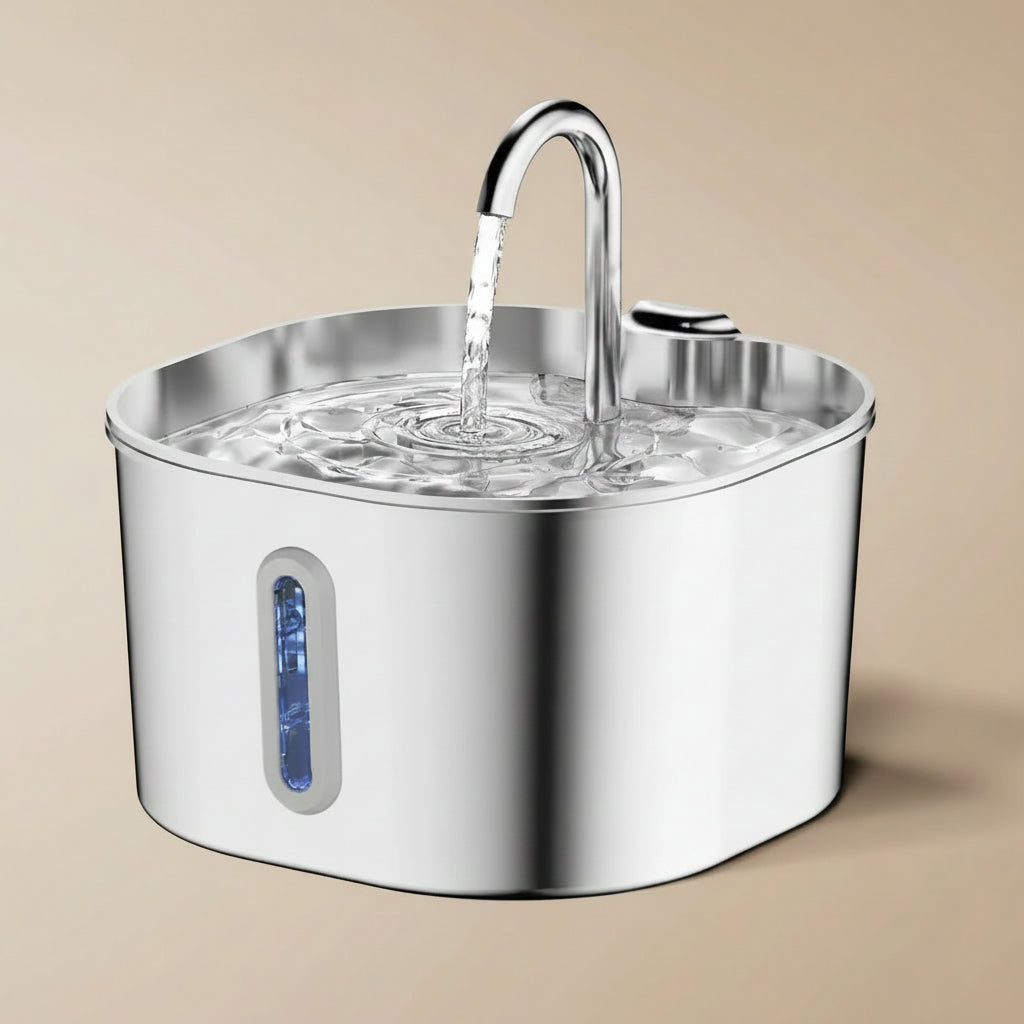 Metallic pet water fountain with water flowing.