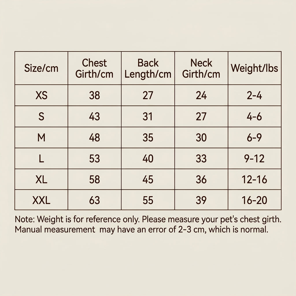 A size chart table for a pet jacket or garment, showing sizes XS through XXL with chest girth, back length, neck girth, and weight ranges in centimeters and pounds. A note at the bottom says the weight is for reference only and to measure the pet's chest girth.