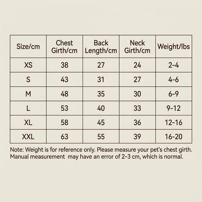 A size chart table for a pet jacket or garment, showing sizes XS through XXL with chest girth, back length, neck girth, and weight ranges in centimeters and pounds. A note at the bottom says the weight is for reference only and to measure the pet's chest girth.