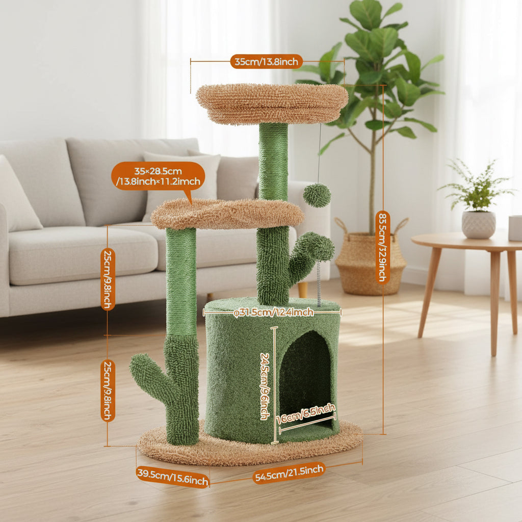 Cactus Cat Tree with Curved Perch Cozy Cat Condo Small Cat Tower with Removable Top Bed Cat Scratching Post for Indoor Cat Toys