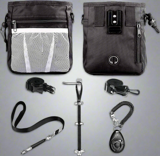 4-In-1 Dog Training Set, Puppy Training Treats- Dog Treat Training Pouch, Dog Whistle, Dog Doorbells, Dog Clicker, Ideal Gift for First Time Pet Owners, Training Dog Owners (Black)
