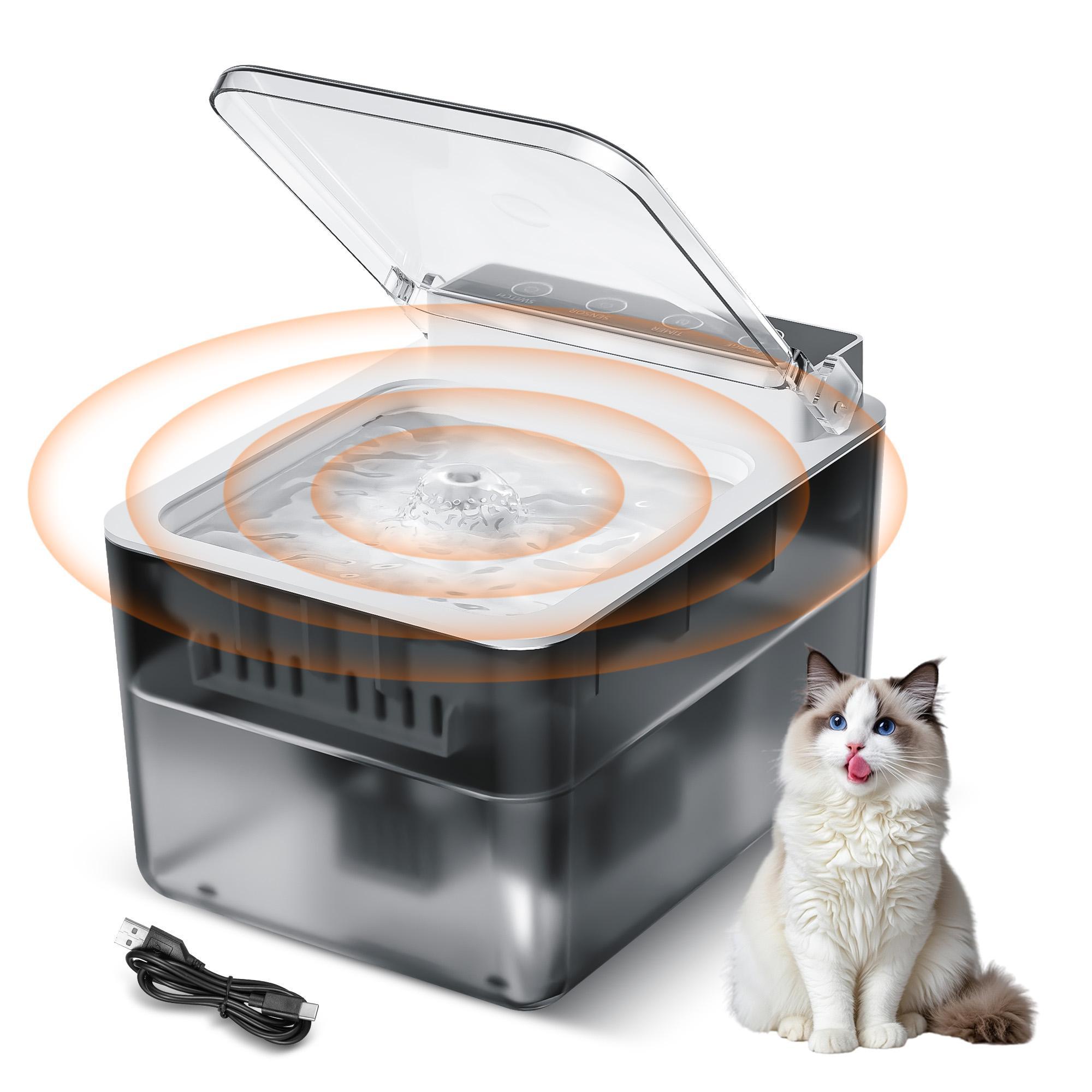Pet water fountain with sensor and a cat sitting next to it on a white background