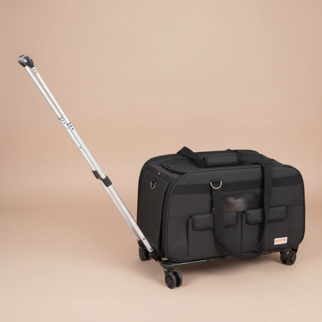 Black pet travel bag with wheels, a dog and cat, a folding bowl, and a leash on a white background.