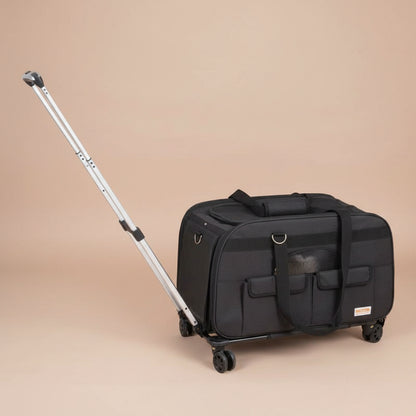 Black pet travel bag with wheels, a dog and cat, a folding bowl, and a leash on a white background.