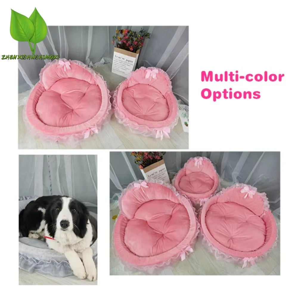 3D Fantasy Bow Lace Pet Bed for Dogs Romantic Detachable Oval Princess Pet Bed Dog Soft Sofa Nest Pet Wedding Furniture 1Pc