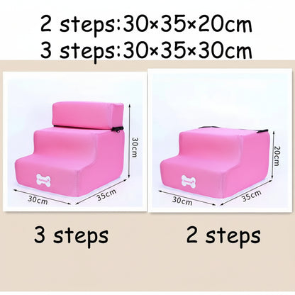 Pink pet steps with dimensions labeled for 2 and 3 steps