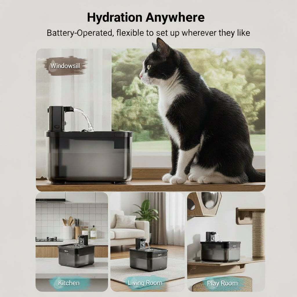 Cat sitting on a windowsill next to a battery-operated pet fountain with lifestyle images of the product in different rooms.