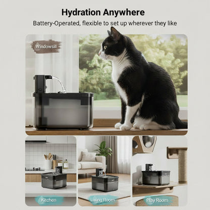 Cat sitting on a windowsill next to a battery-operated pet fountain with lifestyle images of the product in different rooms.