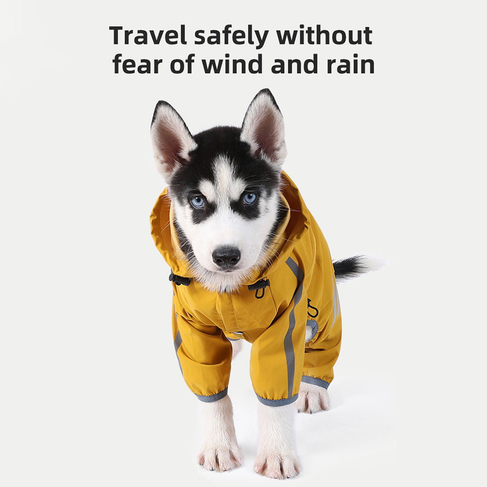 Waterproof Dog Raincoat - Four-Leg Design with Reflective Strips, Breathable Polyester Dog Rain Jacket with Adjustable Drawstrings