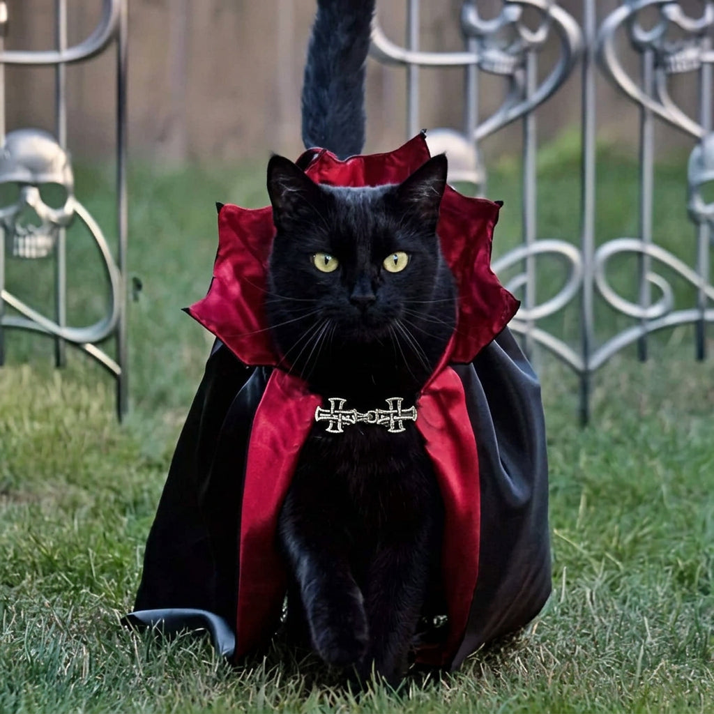 Black cat wearing a red vampire cape with a cross emblem in an outdoor setting.
