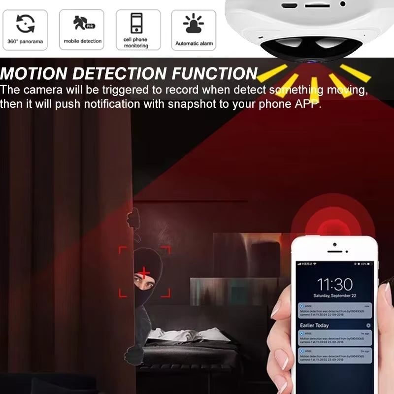 Security camera with motion detection features and smartphone app interface.