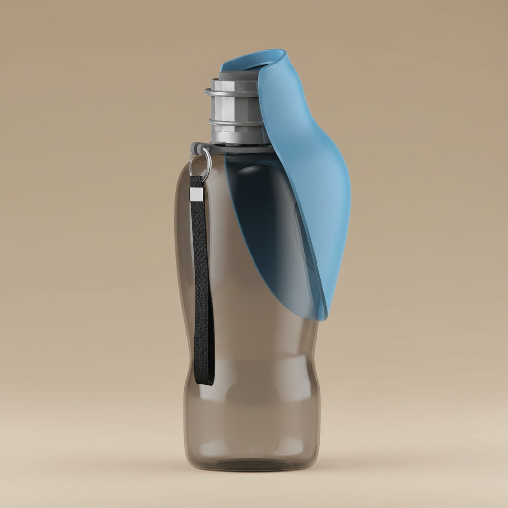 Clear water bottle with a blue cap on a beige background