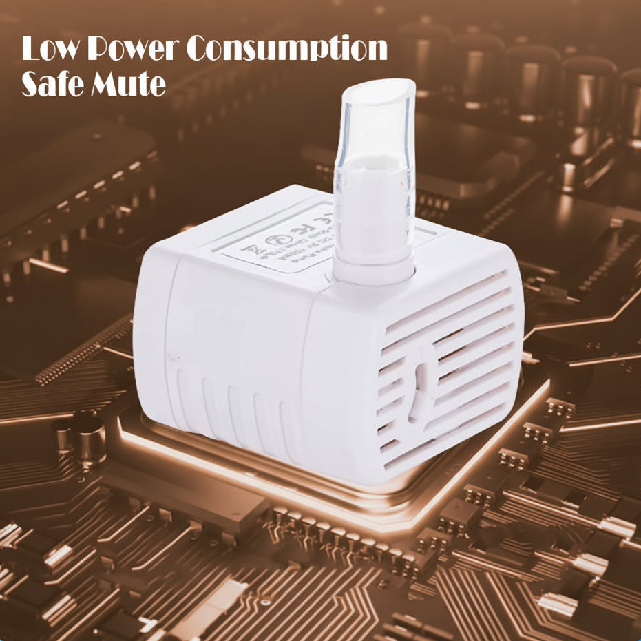 White electronic device on a digital circuit board with text 'Low Power Consumption Safe Mute' on a brown background