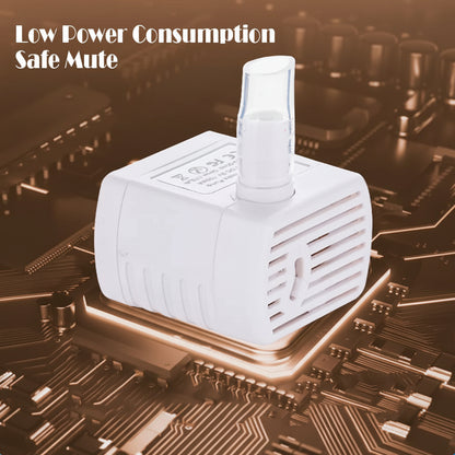 White electronic device on a digital circuit board with text 'Low Power Consumption Safe Mute' on a brown background