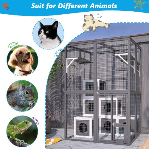 Outdoor Wooden Cat Catio - Large Solid Wood Cat Cage Playpen with 2 Jumping Platforms &amp; 7 Napping Houses, Walk-in Cat Kennel Condo Shelter, Grey