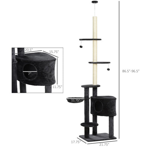 Cat tree with dimensions labeled on a white background