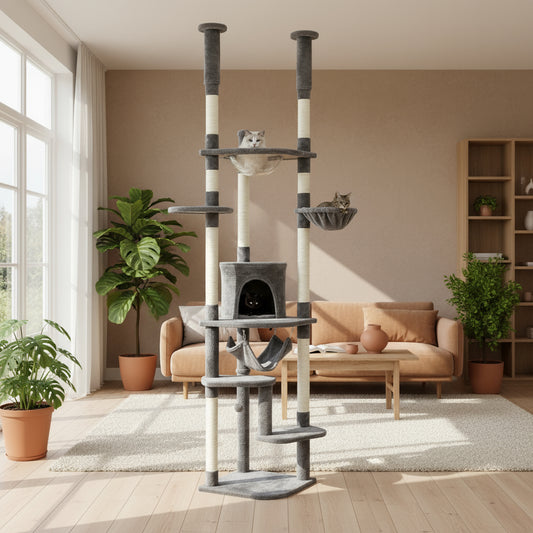 Height 230-252CM Cactus Cat Tree Floor to Ceiling with Green Leaves Tall Tower 7 Tiers Climbing Tree with Cozy Hammocks Condos