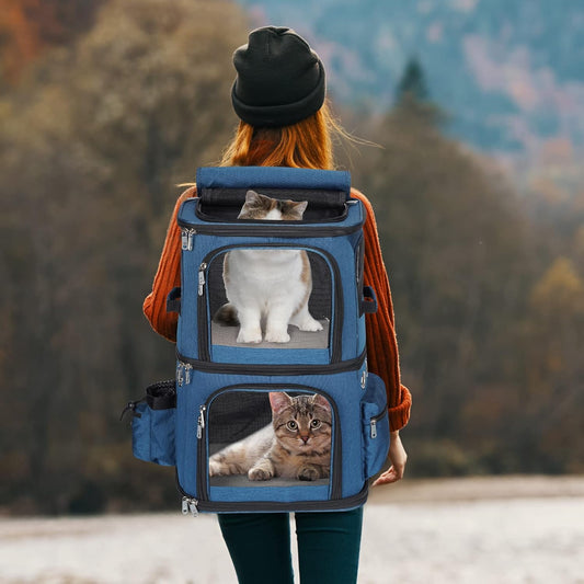 Double-Compartment Pet Carrier Backpack for Small Cats and Dogs, Cat Travel Carrier for 2 Cats, Perfect for Traveling/Hiking/Camping, Blue