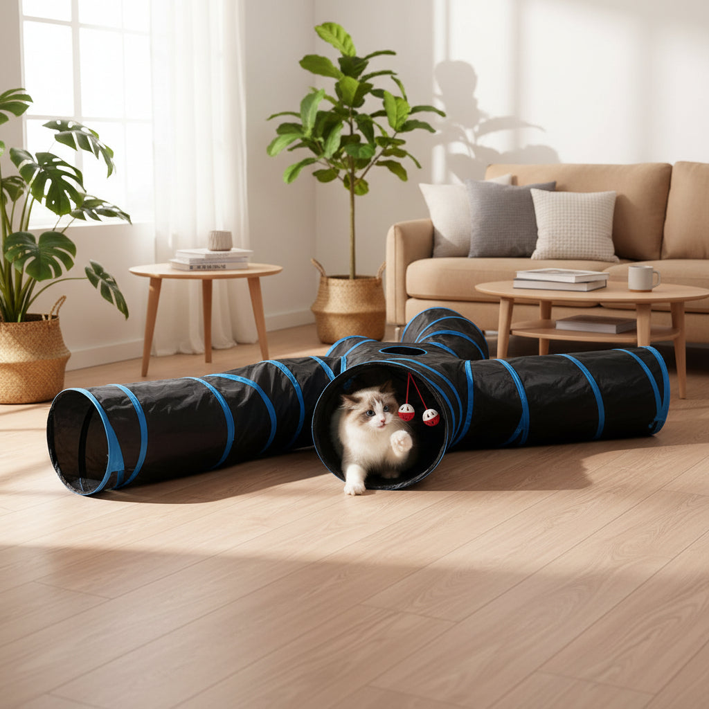 Cat playing with a black and blue tunnel toy with a beige background.