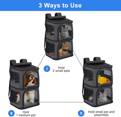 2-In-1 Double Pet Carrier Backpack for Small Cats and Dogs, Portable Pet Travel Carrier, Super Ventilated Design, Ideal for Traveling/Hiking/Camping, Black