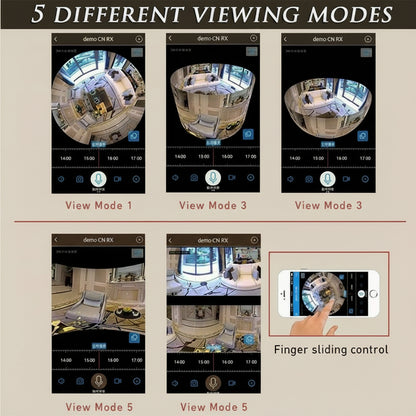 Five different viewing modes of a camera system displayed on a screen.