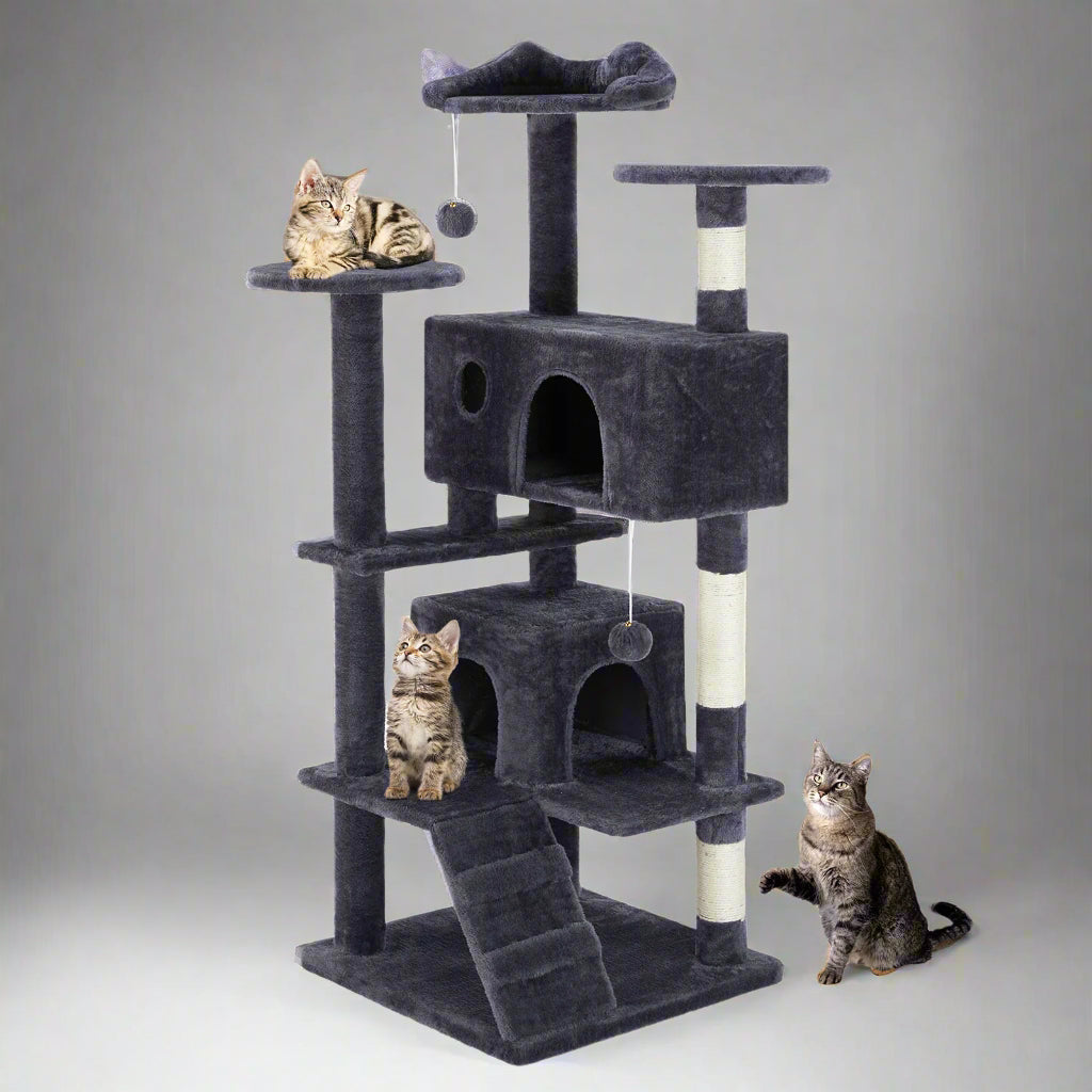 Cat tree with multiple levels and a cat sitting on each level against a white background