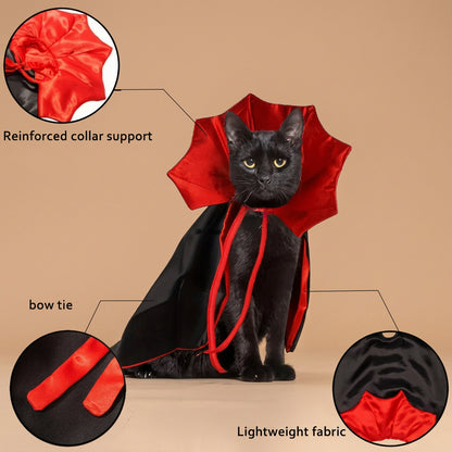 Cat wearing a red and black vampire cape with highlighted features on a beige background