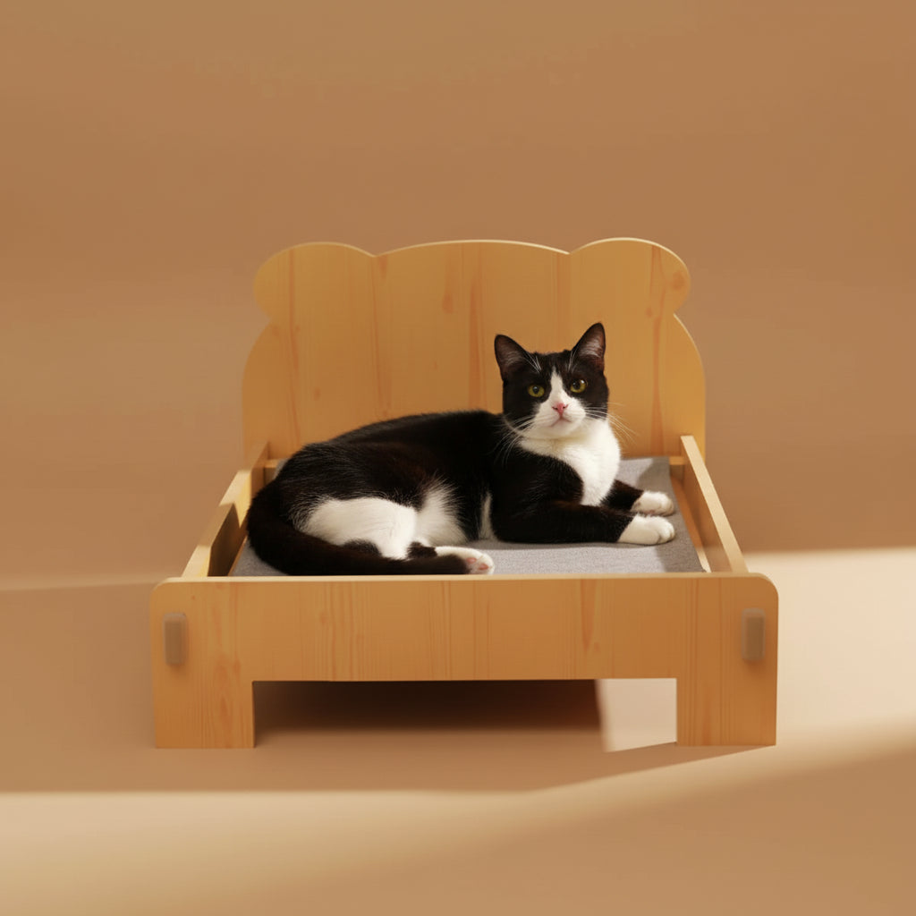 Cat Bed Wooden Cat and Dog Bed with Teddy Bear Pattern Indoor Pet Furniture Floor to Ceiling Bed(20*11Inch)Comfortable Durable