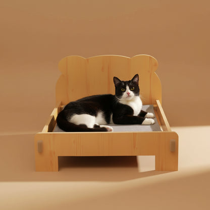 Cat Bed Wooden Cat and Dog Bed with Teddy Bear Pattern Indoor Pet Furniture Floor to Ceiling Bed(20*11Inch)Comfortable Durable