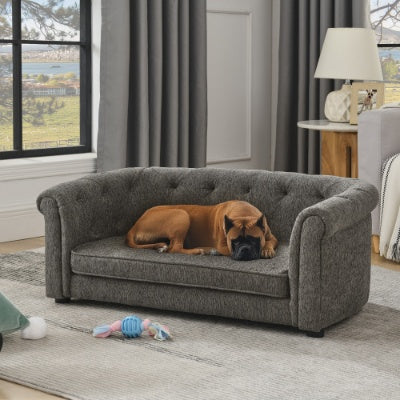 Contemporary Pet Sofa with Arc-Shaped Backrest - Breathable Linen Dog Couch with Button-Tufted Design