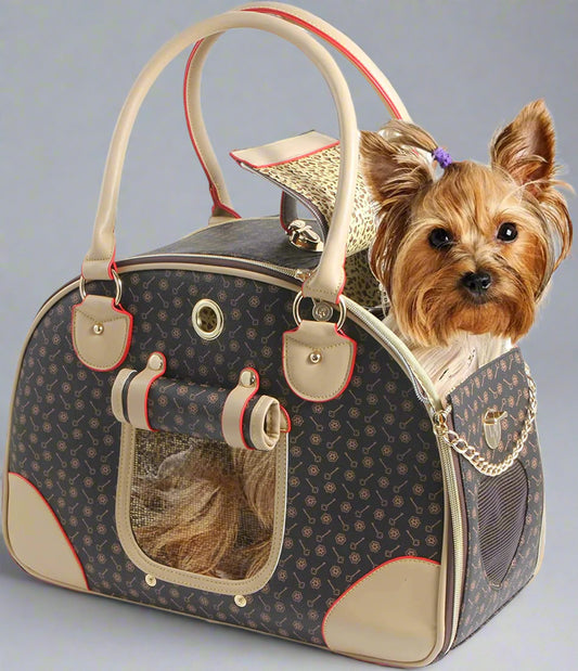 Fashion Dog Carrier PU Leather Dog Handbag Dog Purse Cat Tote Bag Pet Cat Dog Hiking Bag, Brown, Large