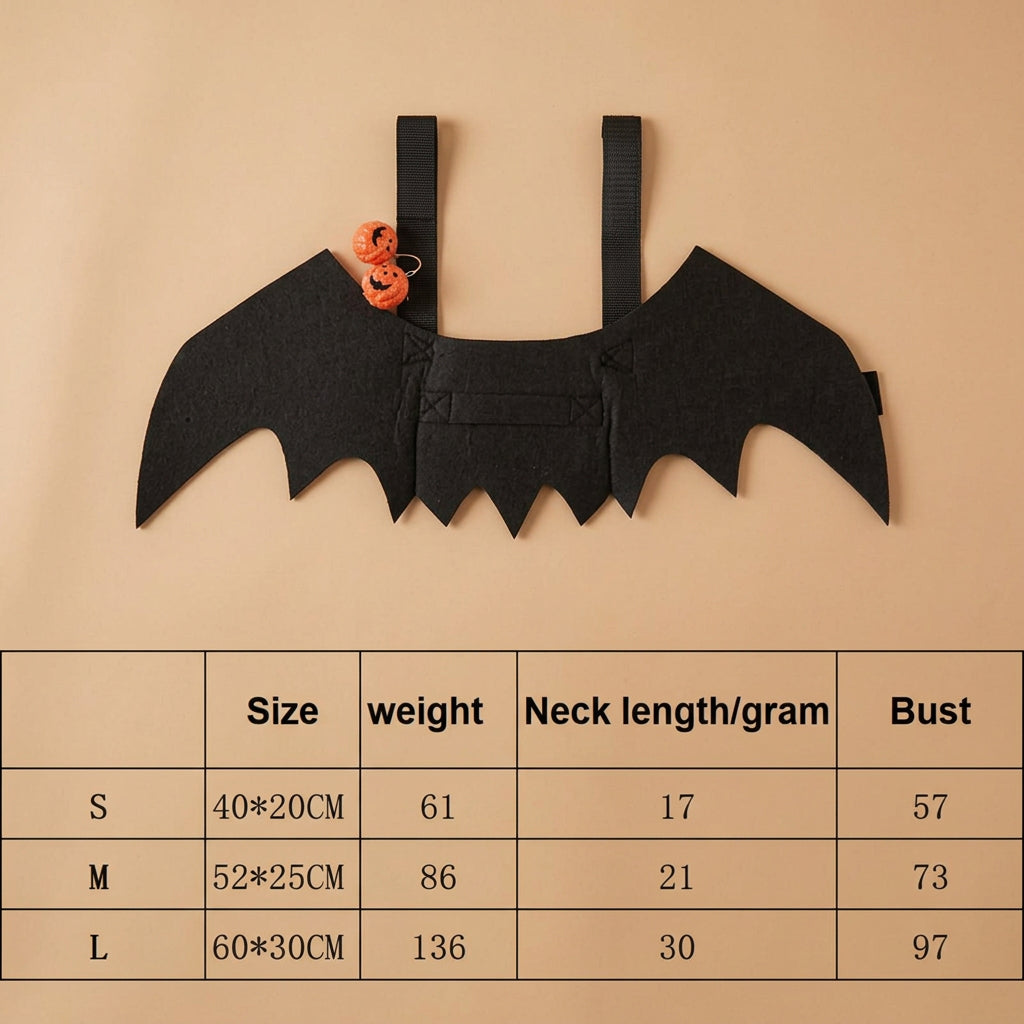 Black bat-wing costume vest or harness shown on a white background, with a small orange prop inside the opening and a size measurement table below listing S, M, and L sizes, weights, neck length, and bust measurements.