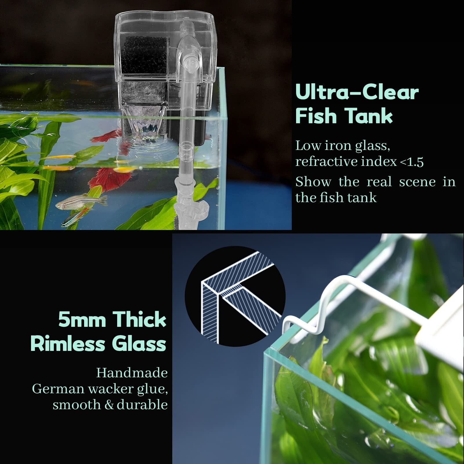 Rimless Glass Aquarium Starter Kit (3 Gal), Ultra Clear Low Iron Glass Fish T...