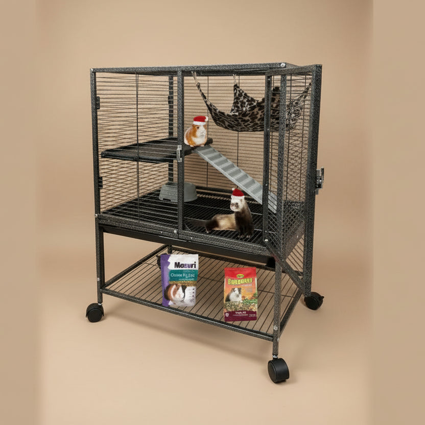 Pet cage with a guinea pig inside, along with food bags on the bottom shelf.