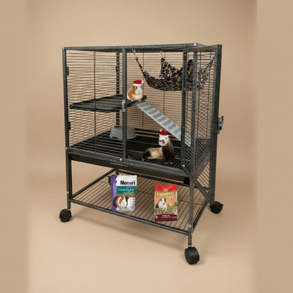 Pet cage with a guinea pig inside, along with food bags on the bottom shelf.