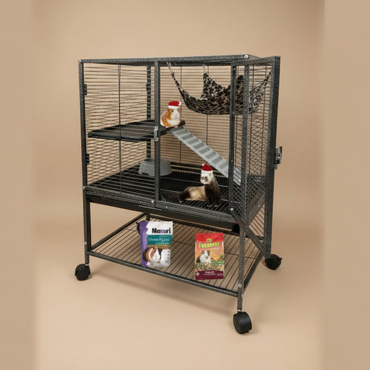 Pet cage with a guinea pig inside, along with food bags on the bottom shelf.